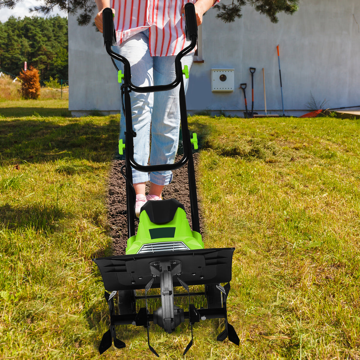 Mini Cultivator with Foldable Handle and Adjustable Wheels-Green