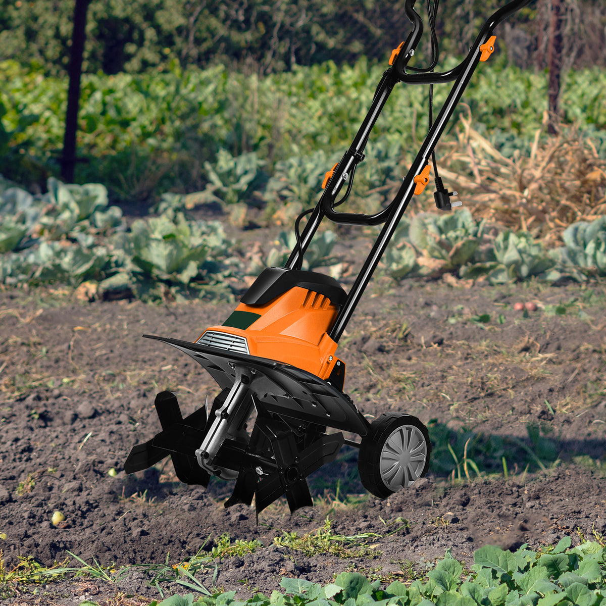 Mini Cultivator with Foldable Handle and Adjustable Wheels-Orange