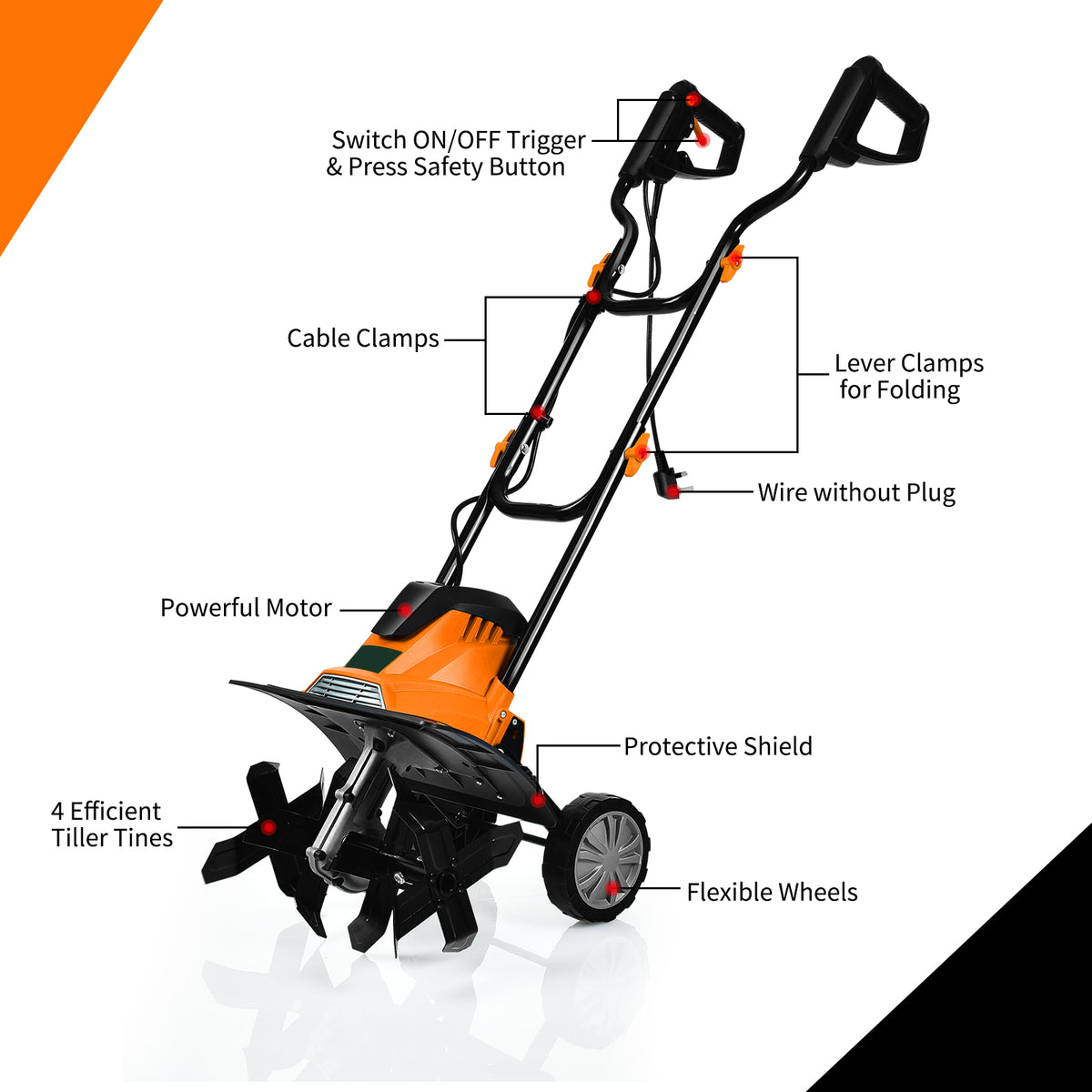 Mini Cultivator with Foldable Handle and Adjustable Wheels-Orange