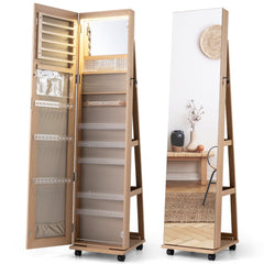 Mirror Standing Jewelry Organizer with Lock 3 Color LED Lights Built-in Vanity Mirror and Universal Wheels-Natural