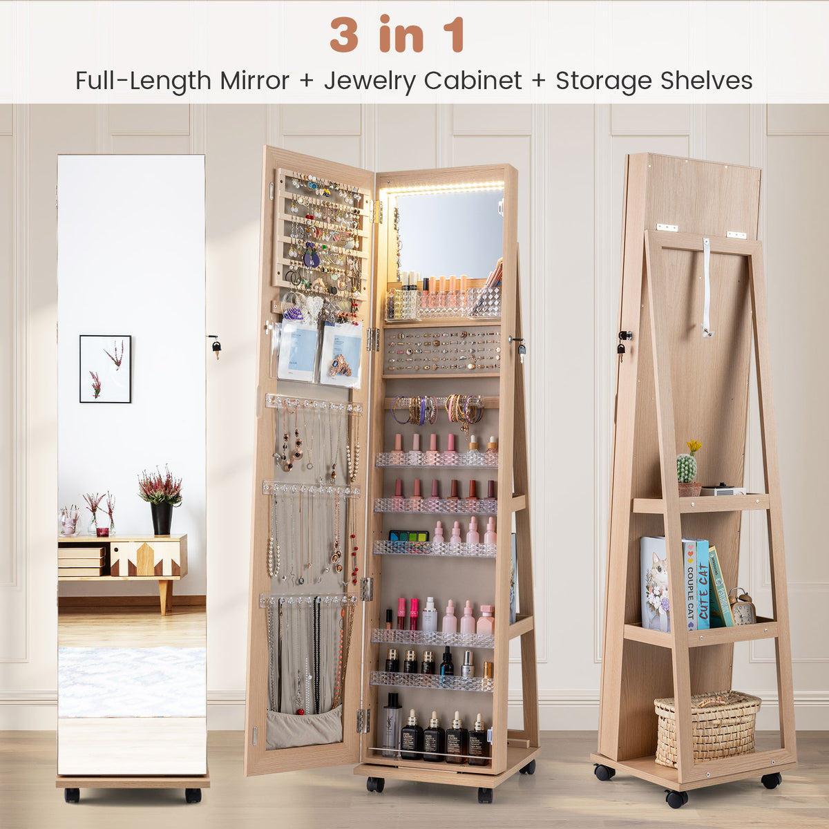 Mirror Standing Jewelry Organizer with Lock 3 Color LED Lights Built-in Vanity Mirror and Universal Wheels-Natural