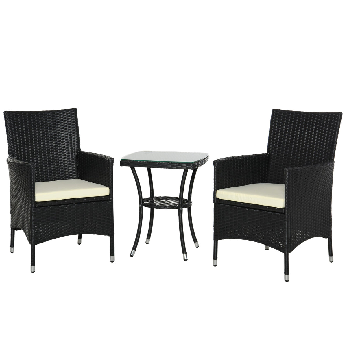 Outsunny 3 Pieces Rattan Bistro Set, Wicker Garden Furniture Set with 2-Tier Coffee Table and Chairs, Cushions, for Outdoor Patio Balcony, Black
