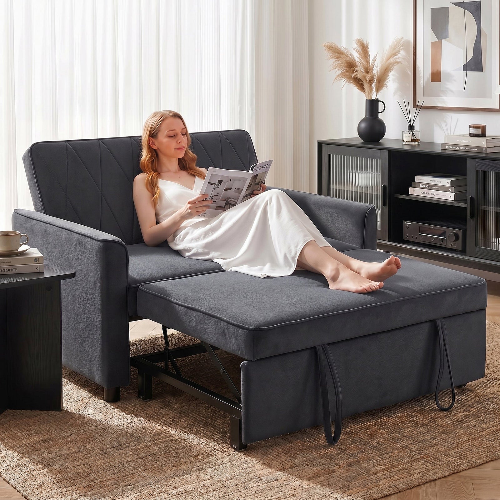 HOMCOM 2 Seater Sofa Bed, 3-in-1 Convertible Pull Out Sleeper Sofa with Clik-Clack Adjustable Backrest, Dark Grey