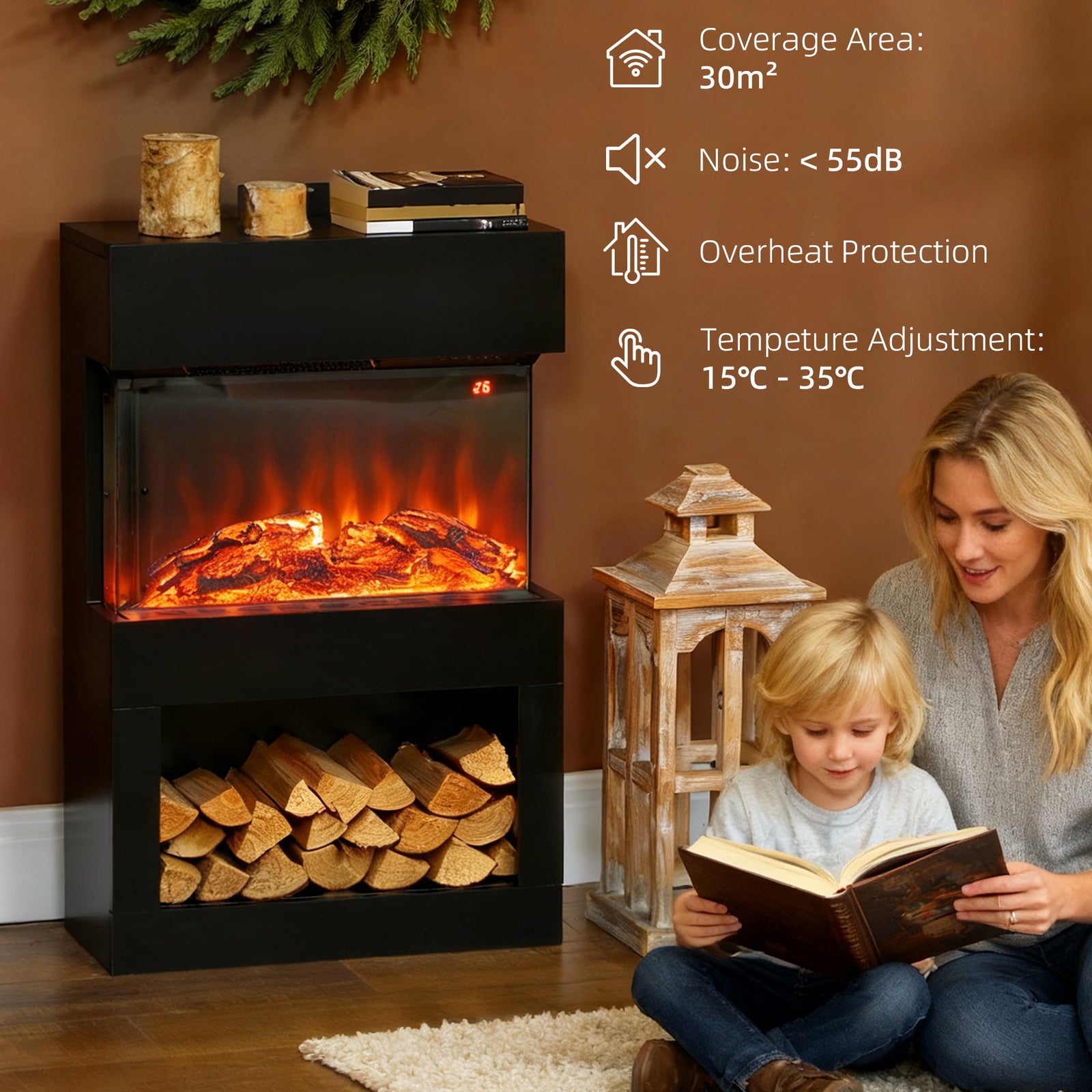 HOMCOM 19" Electric Fireplace with Surround, 3D Flame Effect, 6 Colours & 3 Brightness Levels, 1000W/2000W Black Electric Fire and Mantel Reach up to 30㎡ Space with Remote & Timer, 3 Sided View