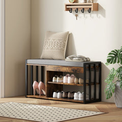 HOMCOM Shoe Storage with Seat, Upholstered Entryway Bench, Shoe Bench with 3 Open Shelves for Hallway, Rustic Brown