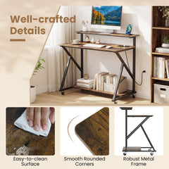 Mobile Computer Desk with Power Outlets Monitor Stand and Storage Shelf-Rustic Brown