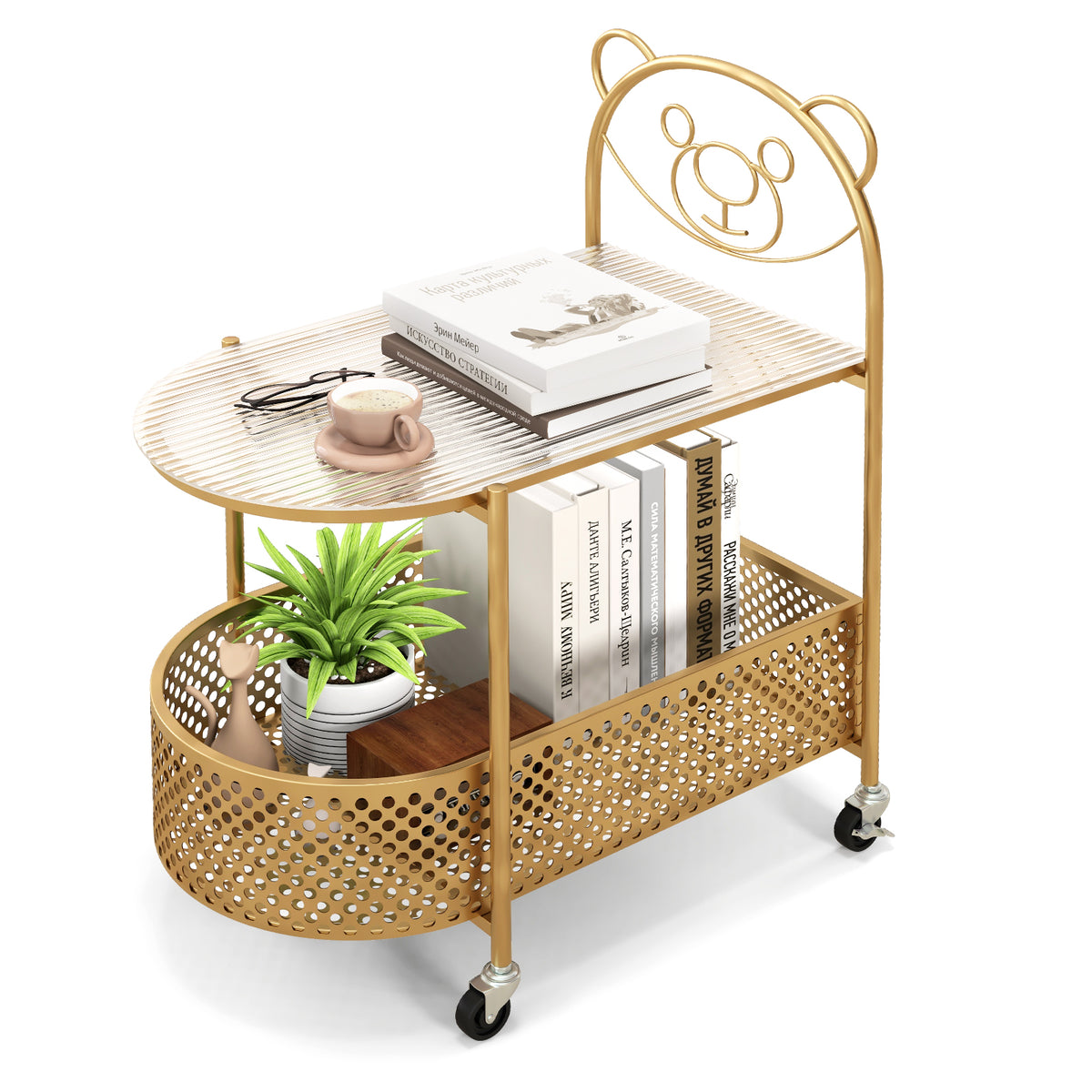 Mobile Glass Coffee Table with Bear Pattern and Storage Basket-Golden