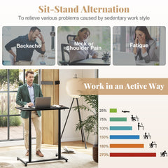 The office desk shown in a lifestyle graphic demonstrating the benefits of standing while working