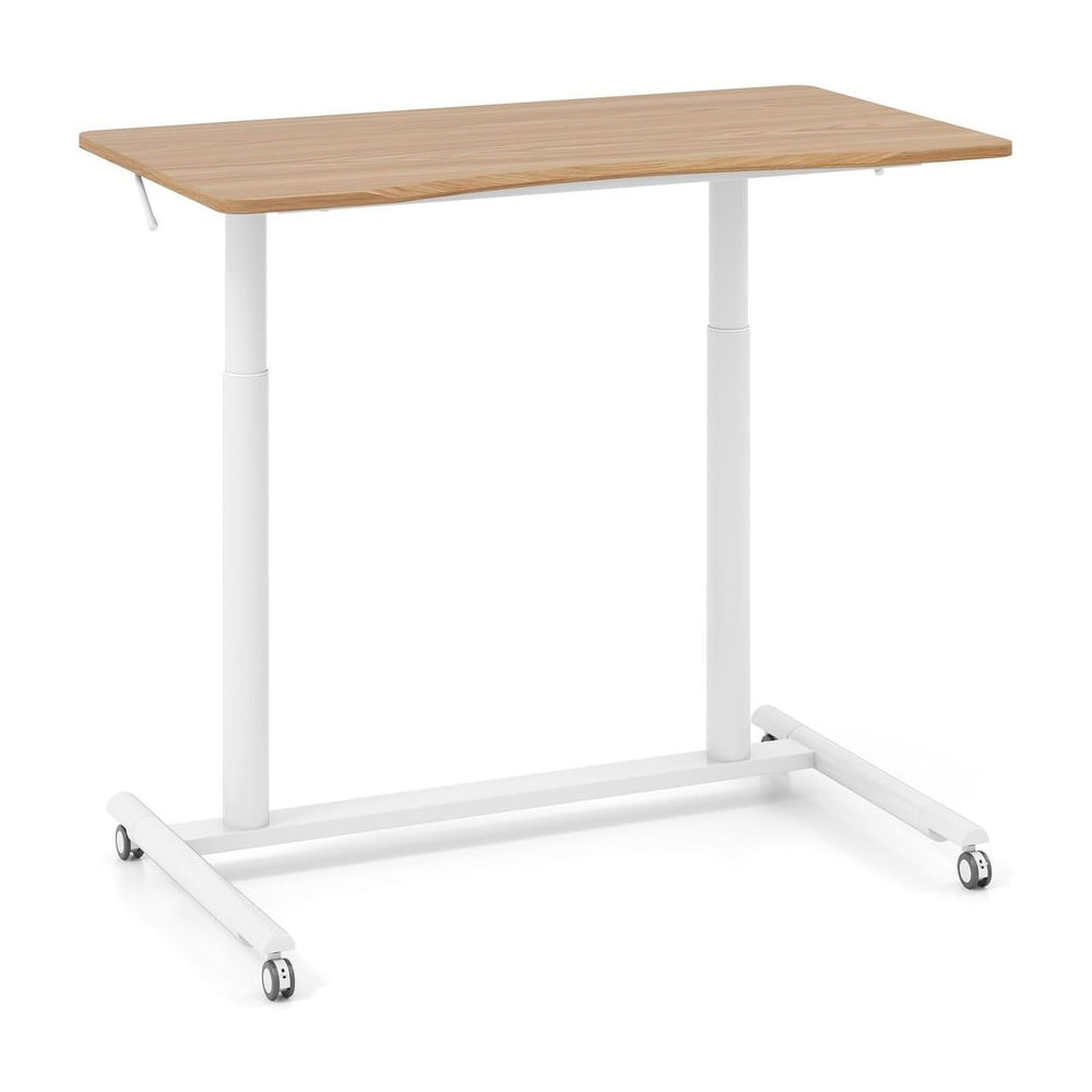 C-Shaped Mobile Standing Desk with adjustable height and lockable wheels in natural wood finish