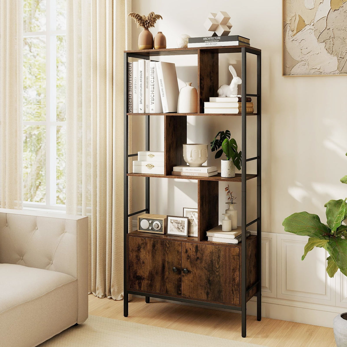 Modern Bookcase with Steel Frame 3-Tier Shelves and 2-Door Cabinet for Living Room-Rustic Brown