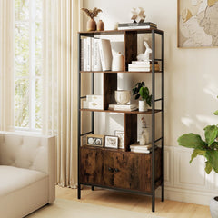 Modern Bookcase with Steel Frame 3-Tier Shelves and 2-Door Cabinet for Living Room-Rustic Brown