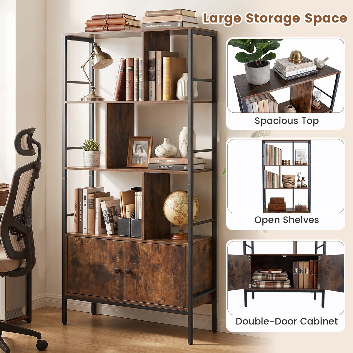 Modern Bookcase with Steel Frame 3-Tier Shelves and 2-Door Cabinet for Living Room-Rustic Brown