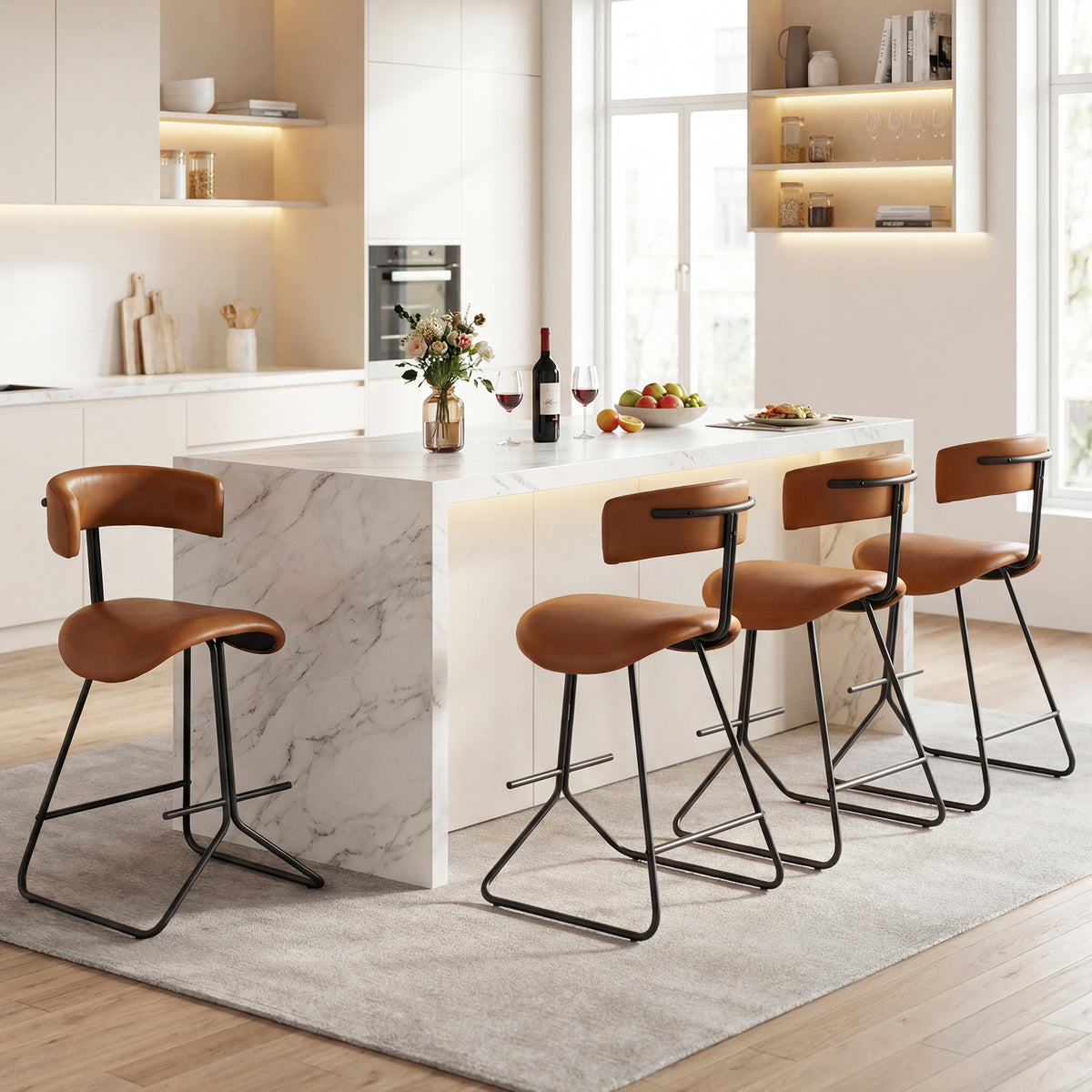 Modern Counter Height Stools Set of 2 63cm Faux Leather Upholstered Armless Barstools-Brown