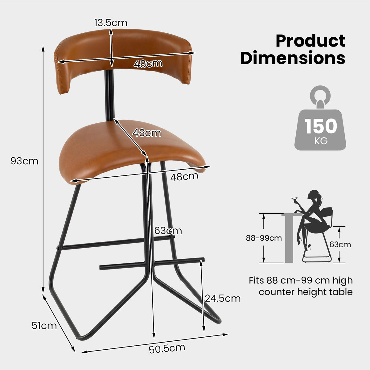 Modern Counter Height Stools Set of 2 63cm Faux Leather Upholstered Armless Barstools-Brown