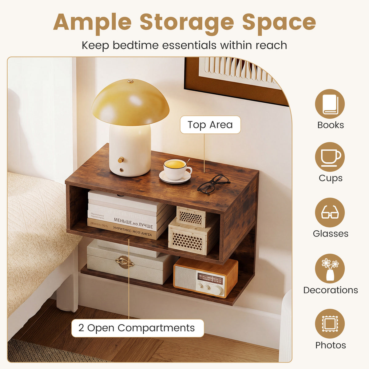 Modern Floating Nightstand with Storage Shelves for Living Room and Bed Room-Rustic Brown