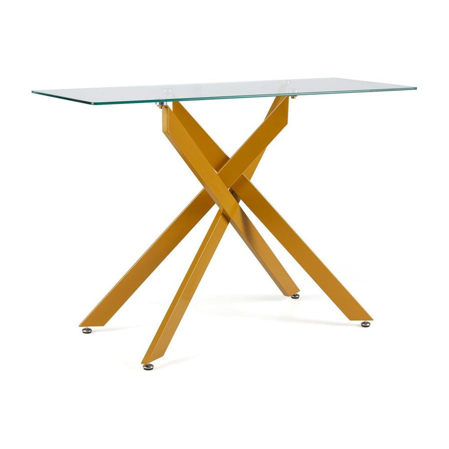 Modern Glass Console Table with a clear tempered glass top and golden tubular legs