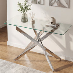 Modern Glass Console Table with Tempered Glass Top and Tubular Legs-Silver