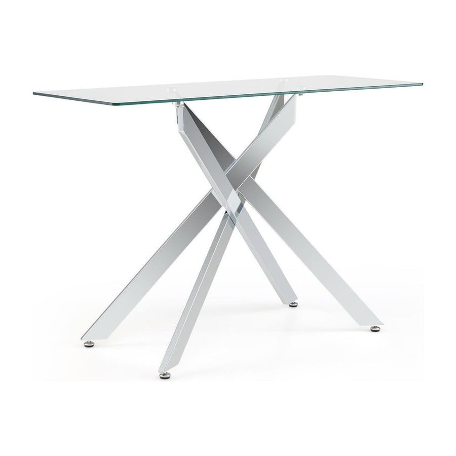 Modern Glass Console Table with a clear tempered glass top and a silver X-shaped base