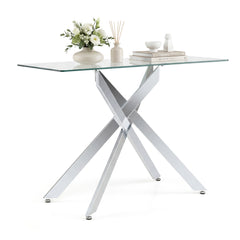 Modern Glass Console Table with Tempered Glass Top and Tubular Legs-Silver