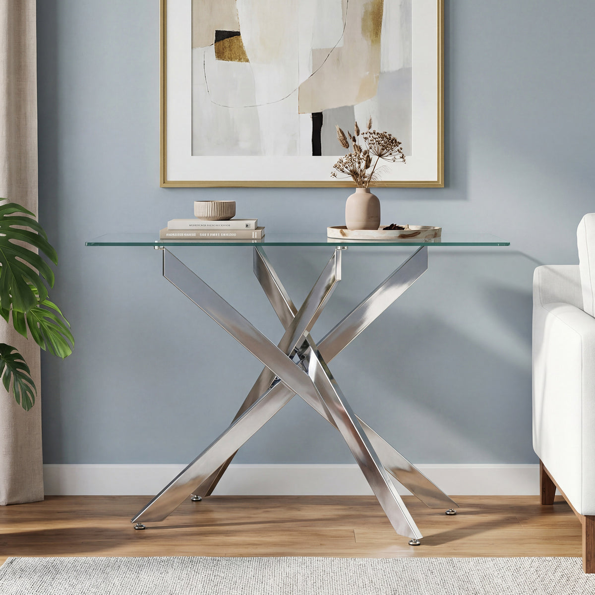 Modern Glass Console Table with Tempered Glass Top and Tubular Legs-Silver