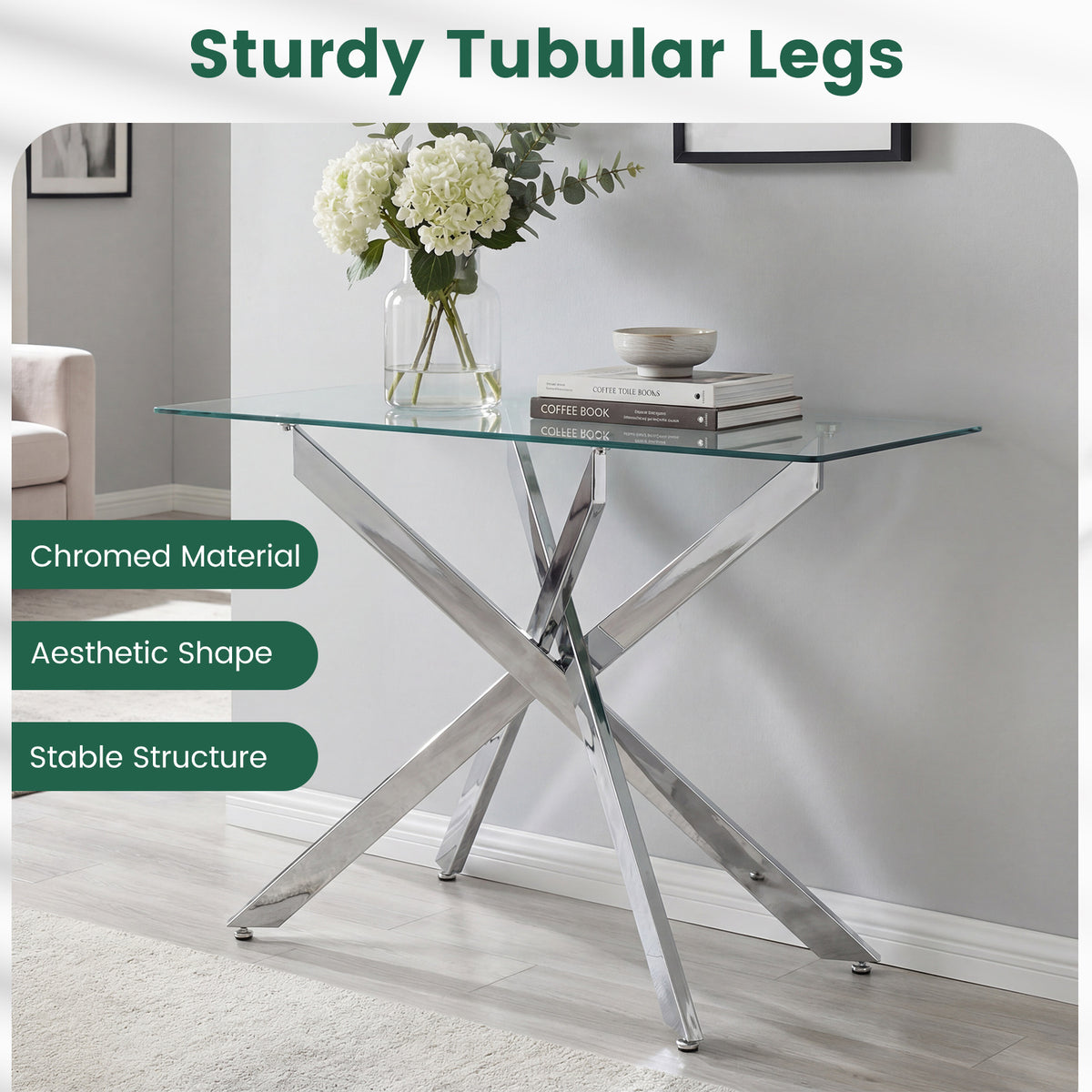 Modern Glass Console Table with Tempered Glass Top and Tubular Legs-Silver