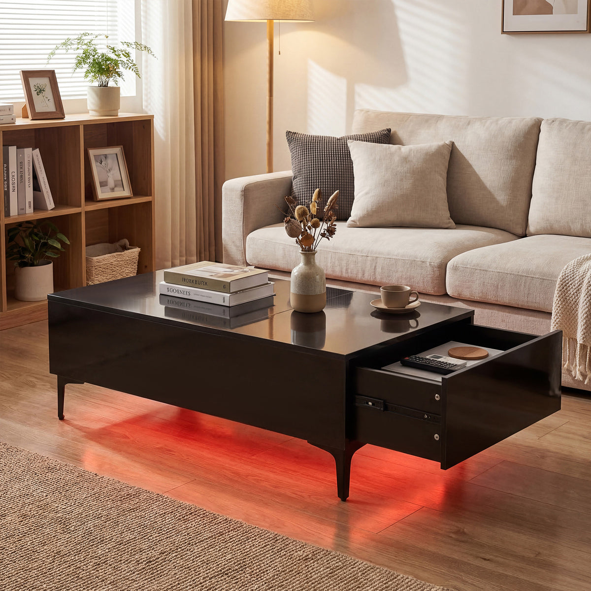 Modern Lift Top Coffee Table with LED Lights High Gloss Accent Table with Hidden Compartment-Black