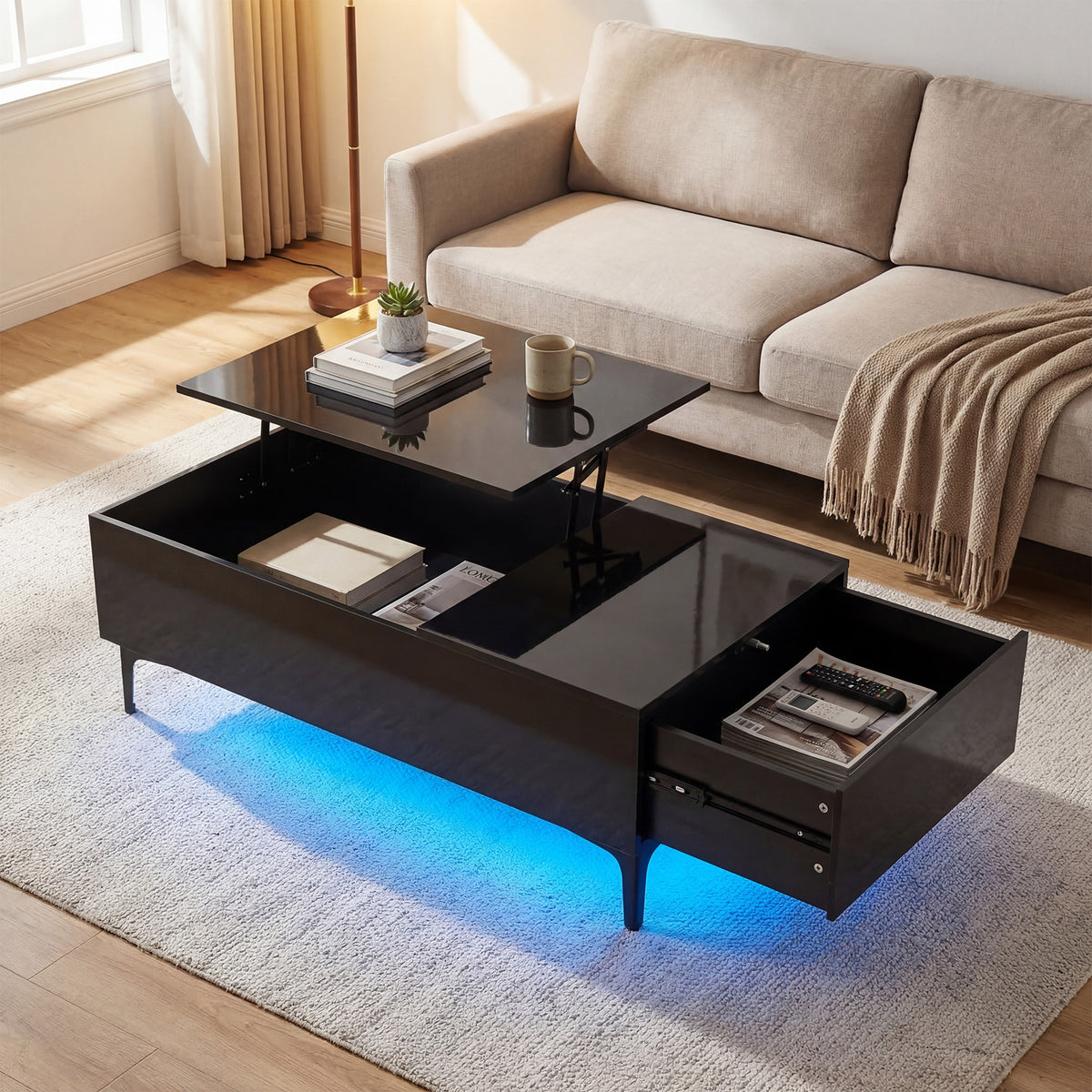 Modern Lift Top Coffee Table with LED Lights High Gloss Accent Table with Hidden Compartment-Black