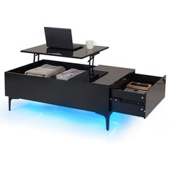 Modern Lift Top Coffee Table with LED Lights High Gloss Accent Table with Hidden Compartment-Black