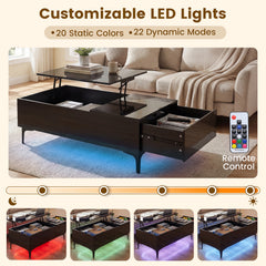Modern Lift Top Coffee Table with LED Lights High Gloss Accent Table with Hidden Compartment-Black