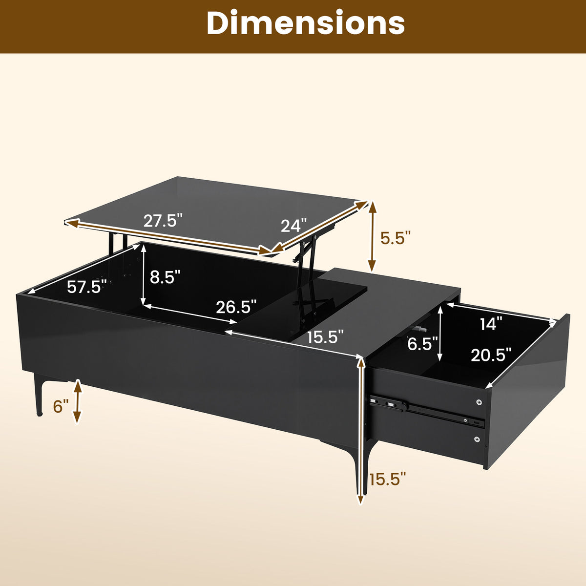 Modern Lift Top Coffee Table with LED Lights High Gloss Accent Table with Hidden Compartment-Black