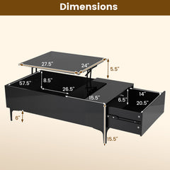 Modern Lift Top Coffee Table with LED Lights High Gloss Accent Table with Hidden Compartment-Black