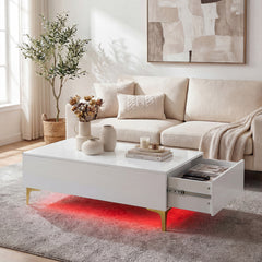 Modern Lift Top Coffee Table with LED Lights High Gloss Accent Table with Hidden Compartment-White