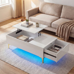 Modern Lift Top Coffee Table with LED Lights High Gloss Accent Table with Hidden Compartment-White