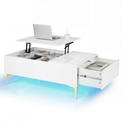 Modern Lift Top Coffee Table with LED Lights High Gloss Accent Table with Hidden Compartment-White
