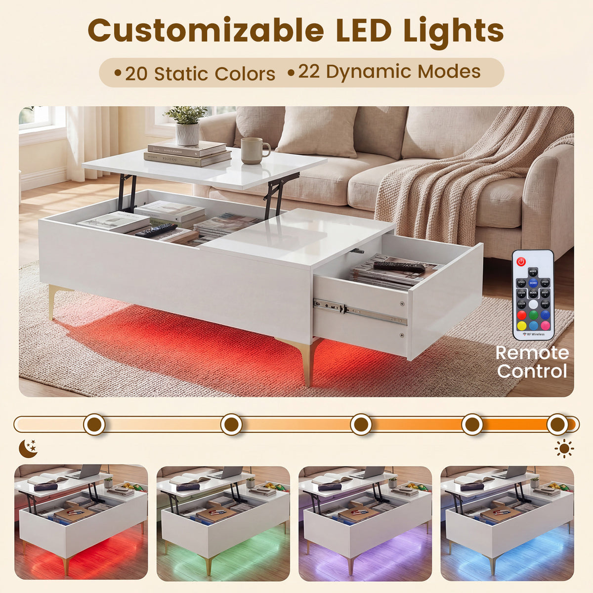 Modern Lift Top Coffee Table with LED Lights High Gloss Accent Table with Hidden Compartment-White