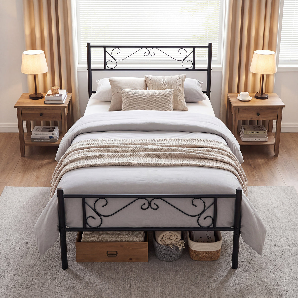 Modern Metal Bed Frame with Floral Headboard and Footboard-Black Single Size