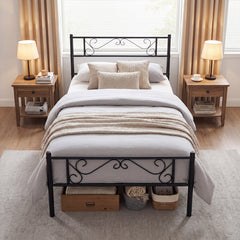 Modern Metal Bed Frame with Floral Headboard and Footboard-Black Single Size
