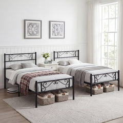 Modern Metal Bed Frame with Floral Headboard and Footboard-Black Single Size