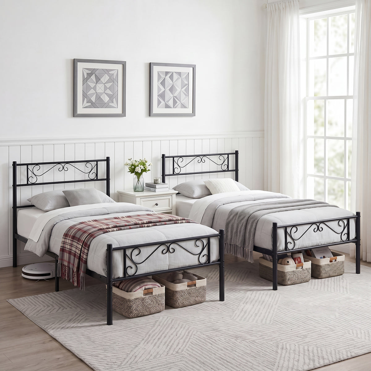 Modern Metal Bed Frame with Floral Headboard and Footboard-Black Single Size