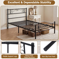Modern Metal Bed Frame with Floral Headboard and Footboard-Black Single Size