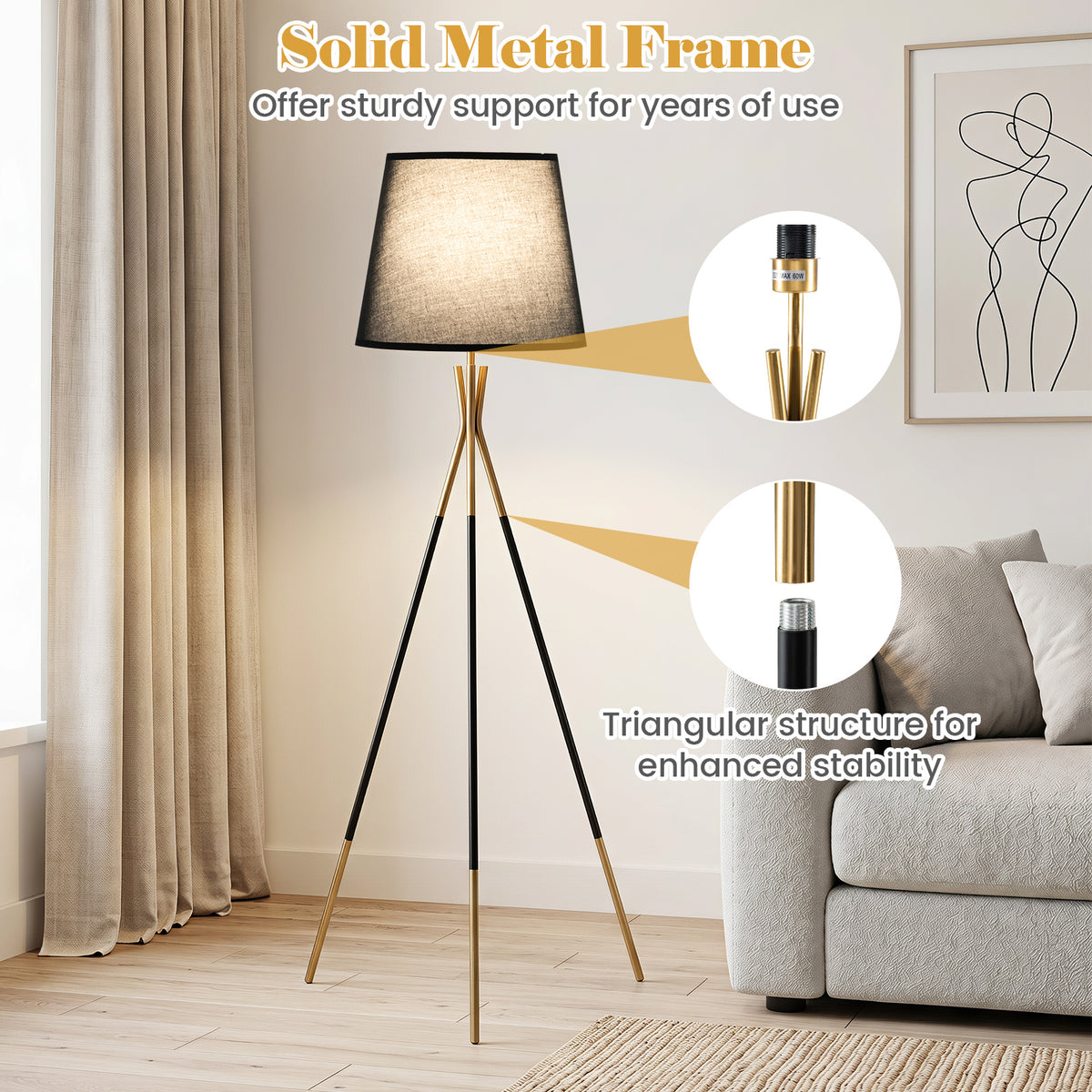Modern Metal Tripod Floor Lamp with Fabric Shade157 cm Tall Standing Lamp-Black