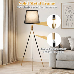 Modern Metal Tripod Floor Lamp with Fabric Shade157 cm Tall Standing Lamp-Black