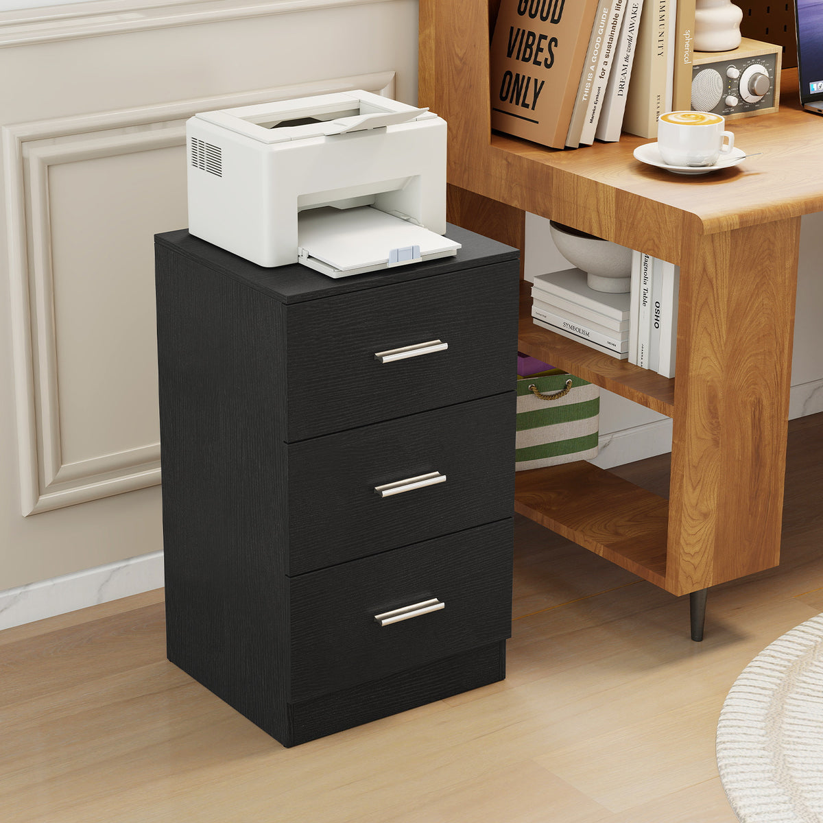 Modern Nightstand End Table with 3 Storage Drawers 2 Anti-tip Kits-Black