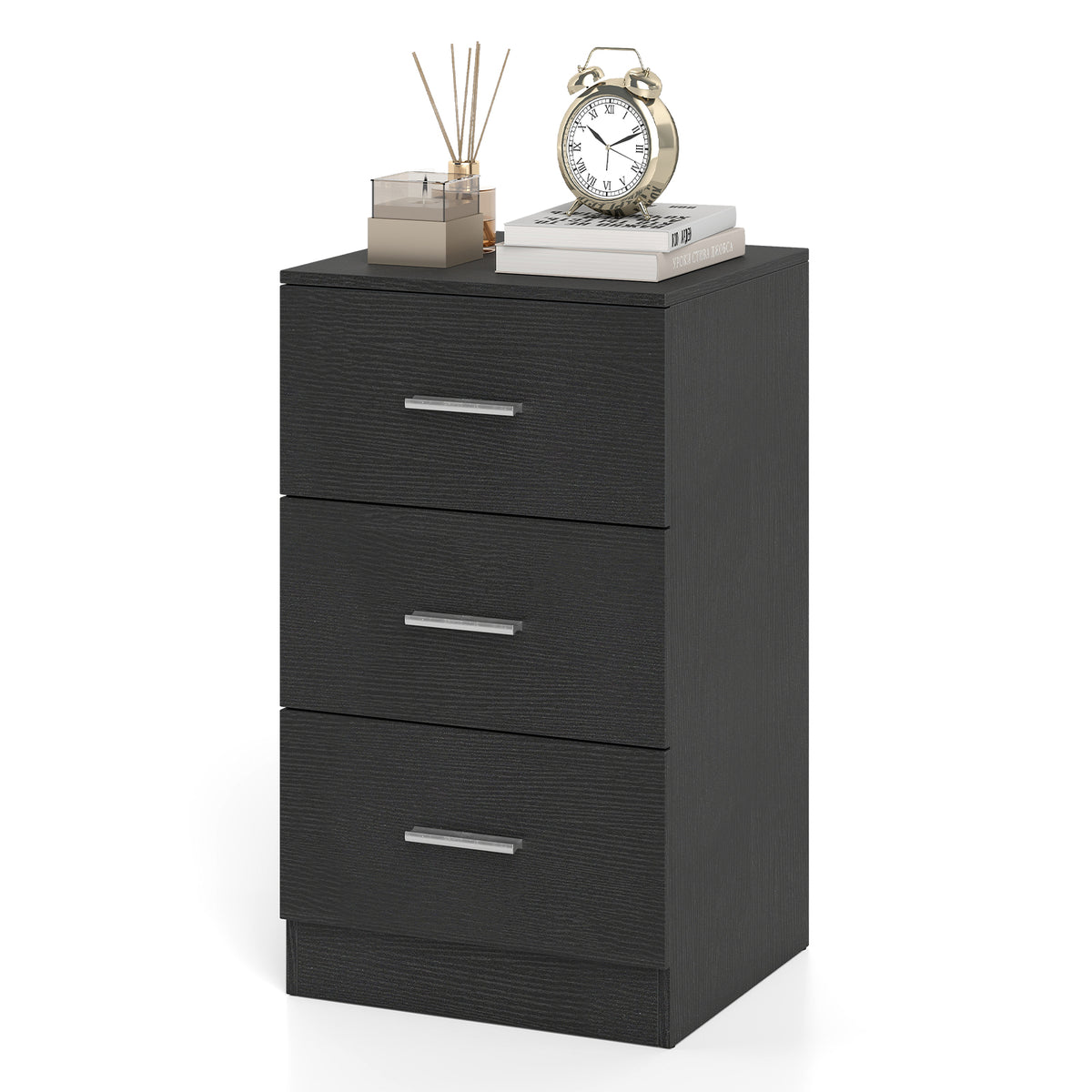 Modern Nightstand End Table with 3 Storage Drawers 2 Anti-tip Kits-Black
