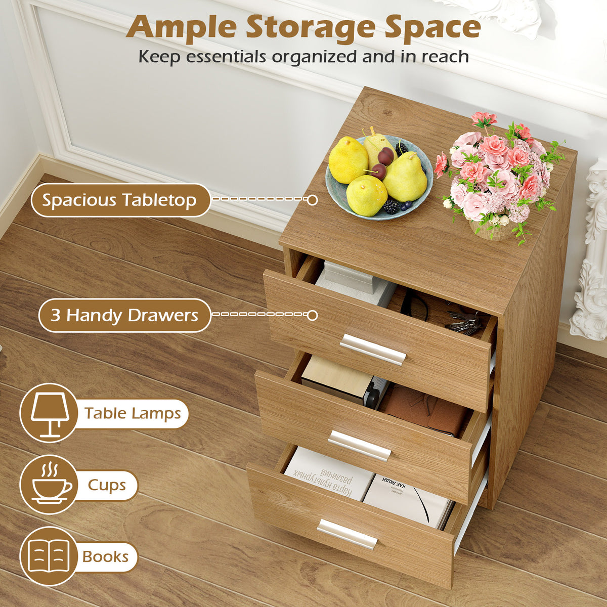 Modern Nightstand End Table with 3 Storage Drawers 2 Anti-tip Kits-Natural