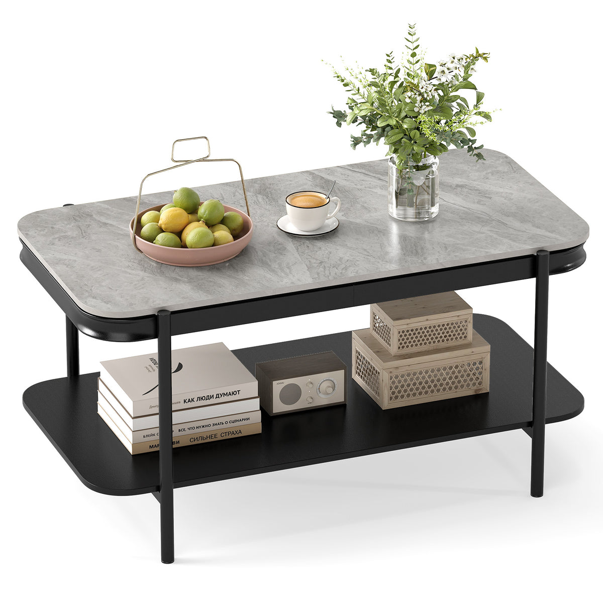 Modern Rectangular Coffee Table 2-Tier Center Table-Grey