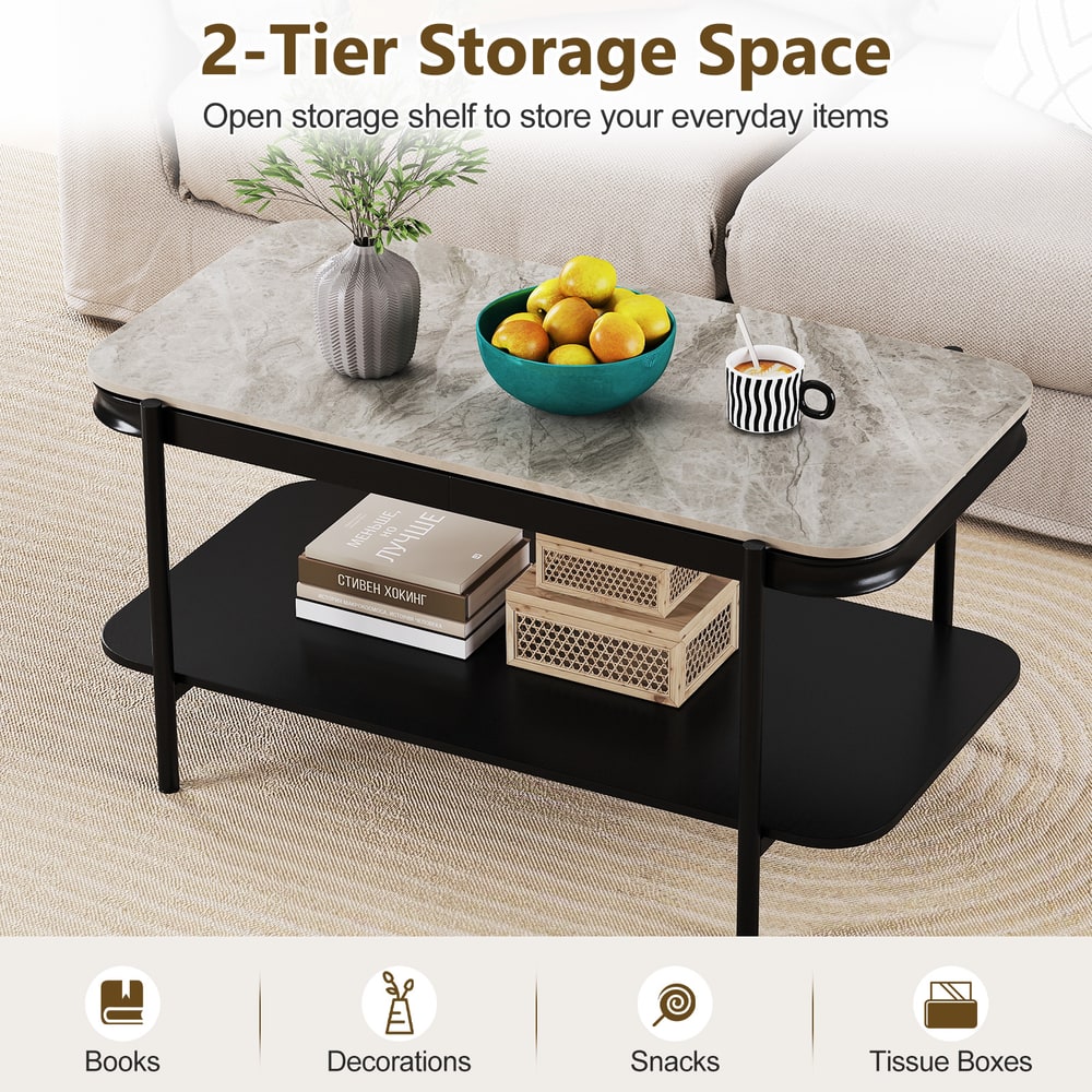 Two tier storage space for the grey marble effect coffee table, showing books and decorations