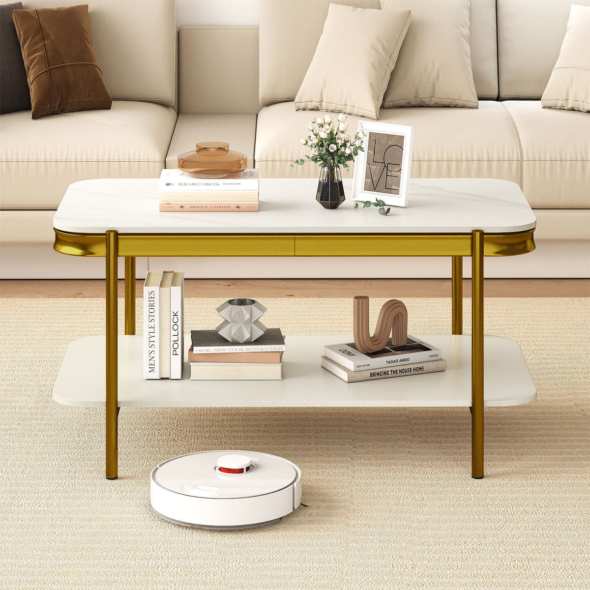 Modern Rectangular Coffee Table 2-Tier Center Table-White