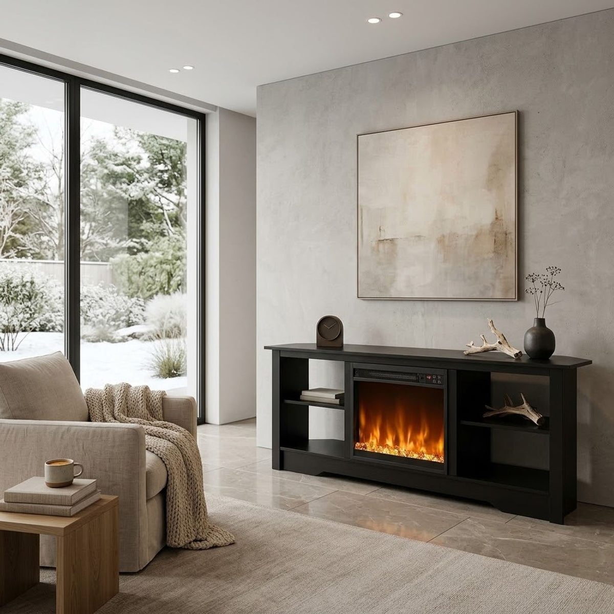 Modern TV Stand and Recessed Electric Fireplace Bundle in Black, image 3