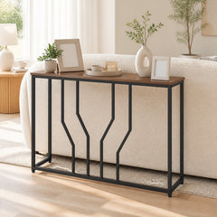 Modern White Faux Marble Entryway Table with Geometric Metal Frame for Living Room-Rustic Brown